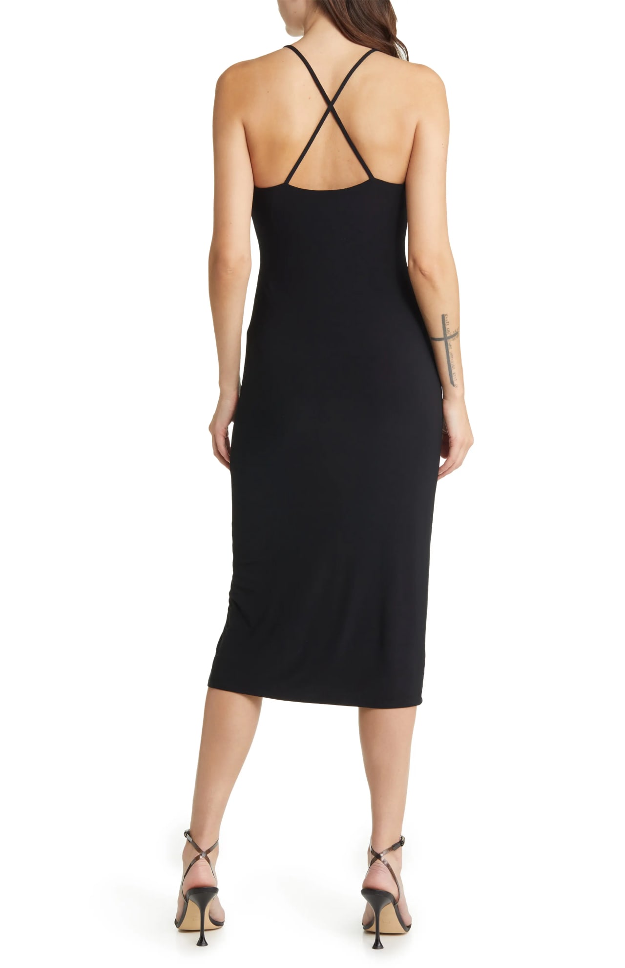 Unknown brand black slip dress with criss-cross back straps made of smooth fabric