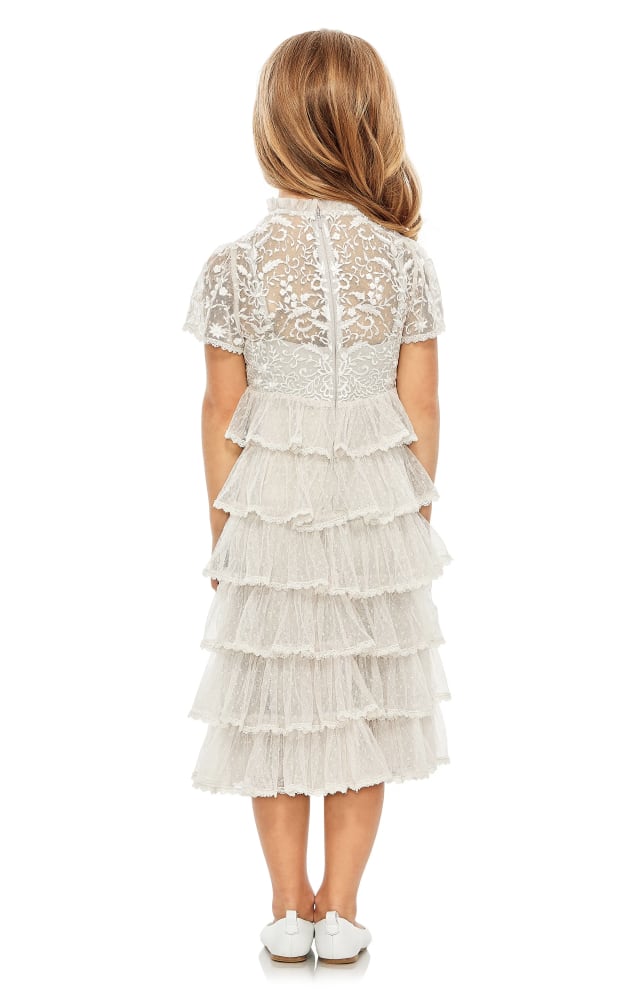 Unknown brand white lace tiered ruffle dress with sheer floral back for girls made of delicate fabric