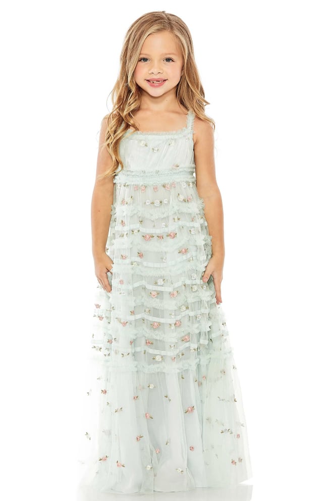 Needle & Thread Little Girls Tiered Floral Gown SKU 901-Blue tulle dress with embroidery embellishments