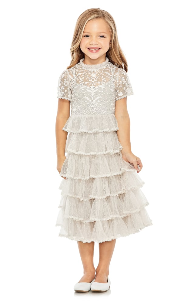 Unknown brand white lace tiered ruffle dress with floral embroidery delicate sheer material for girls