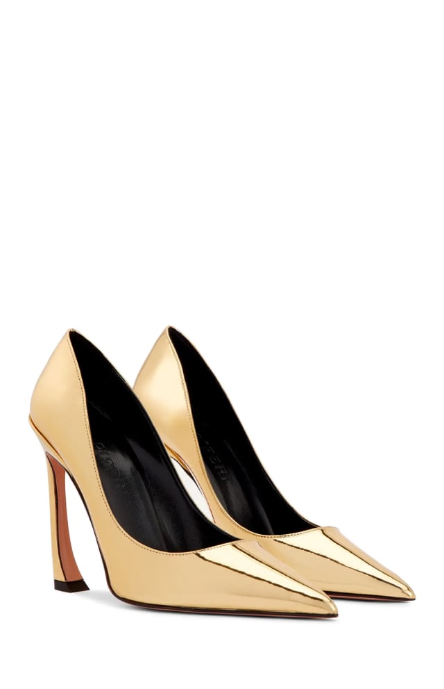 Casadei Blade 105 gold mirror patent leather pointed toe stiletto heels shoes
