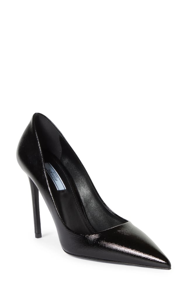 Prada Pointed Toe High Heel Pump Black textured leather stiletto heel women's shoe