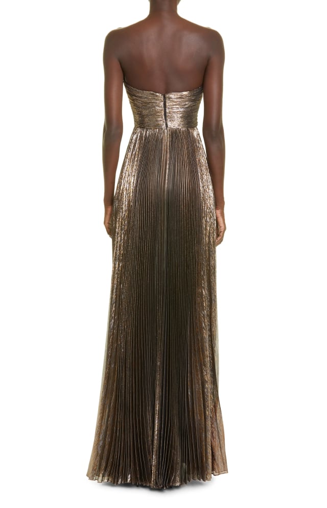 Unknown brand metallic pleated strapless evening gown bronze fabric with back zipper closure