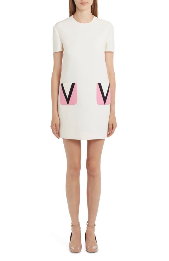 Valentino VLogo Shift Dress White Pink Black color block crew neck short sleeve wool blend material