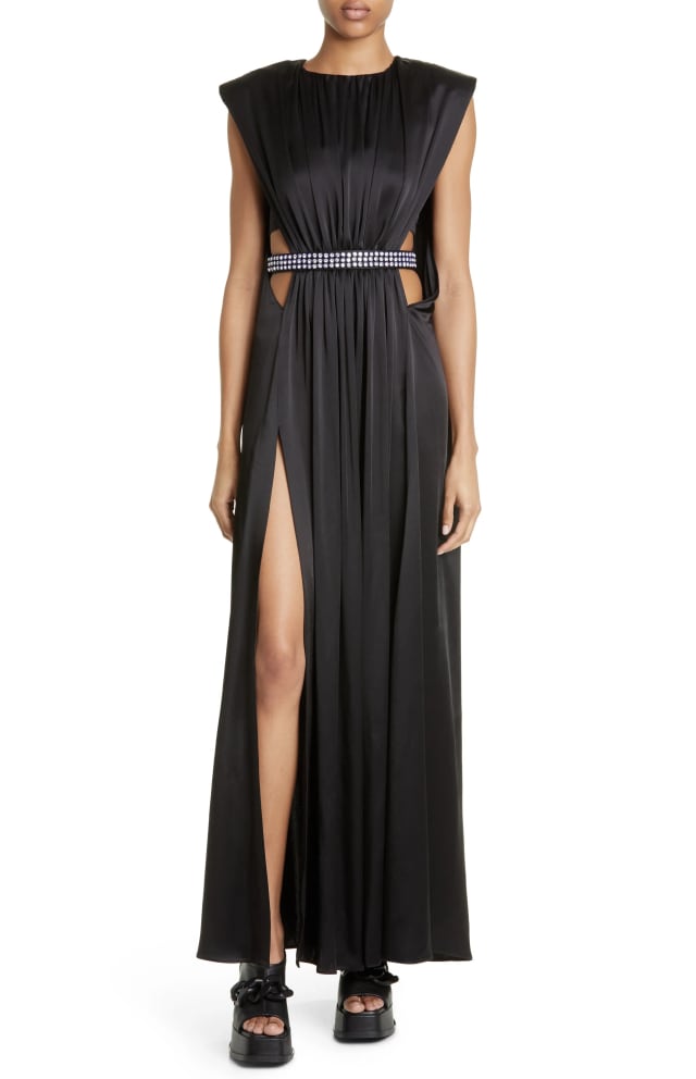 Givenchy Pleated Evening Gown Black Satin with Rhinestone Waist Belt and Side Slit