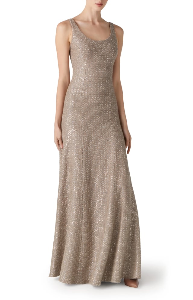 Alaia Sleeveless Maxi Dress SQ21 Beige color shimmering stretch fabric evening gown