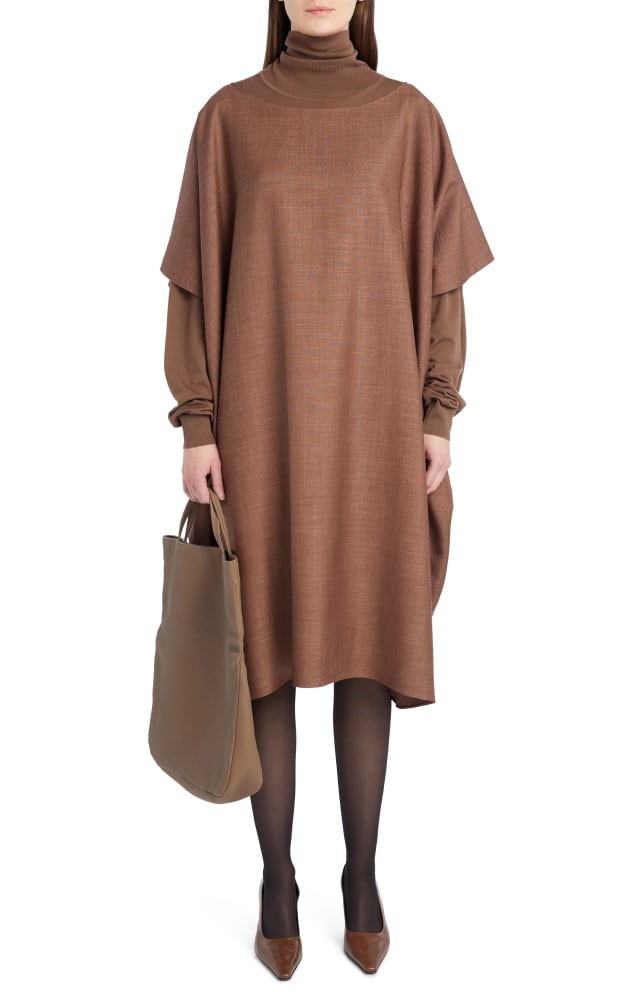 The Row oversized dress brown wool blend with turtleneck and long sleeve top tote bag leather brown