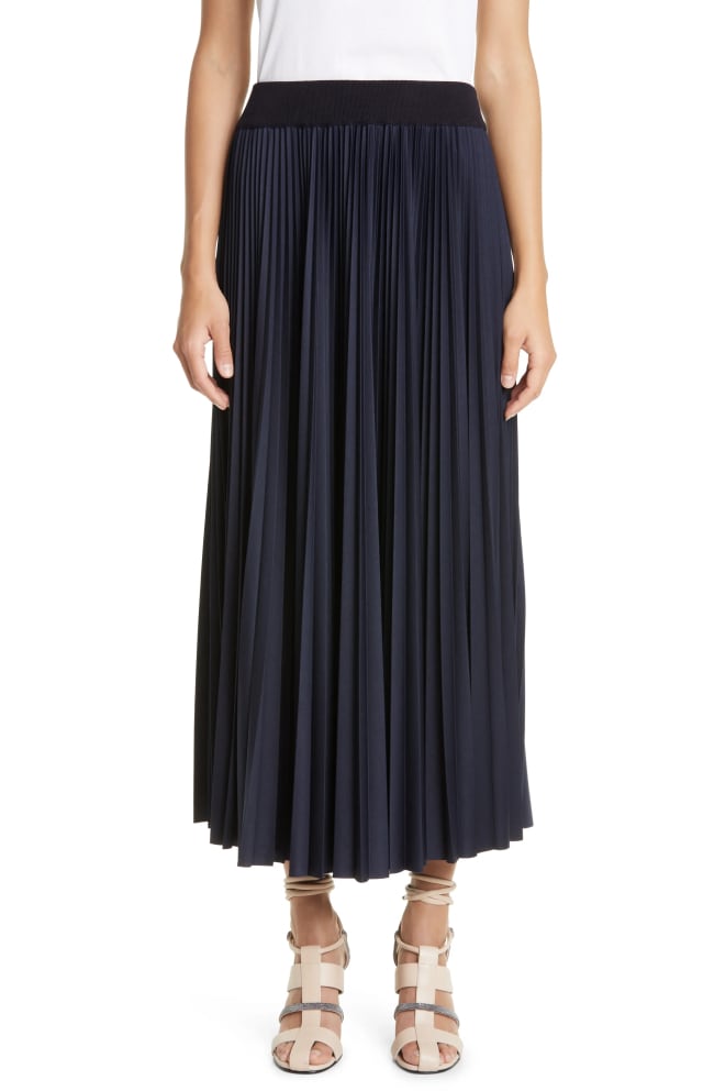 Theory Pleated Skirt A0650306 001 black polyester midi skirt with elastic waistband