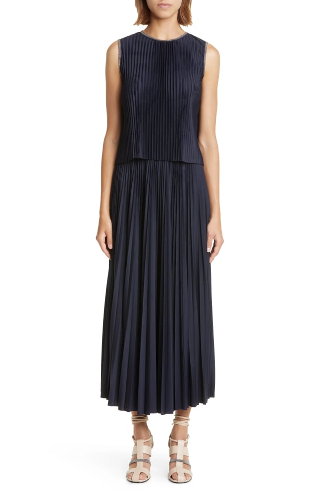 Pleats Please Issey Miyake sleeveless pleated dress navy polyester blend fabric midi length