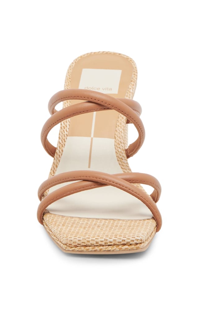 Dolce Vita Lena slide sandal camel leather straps woven straw upper summer footwear