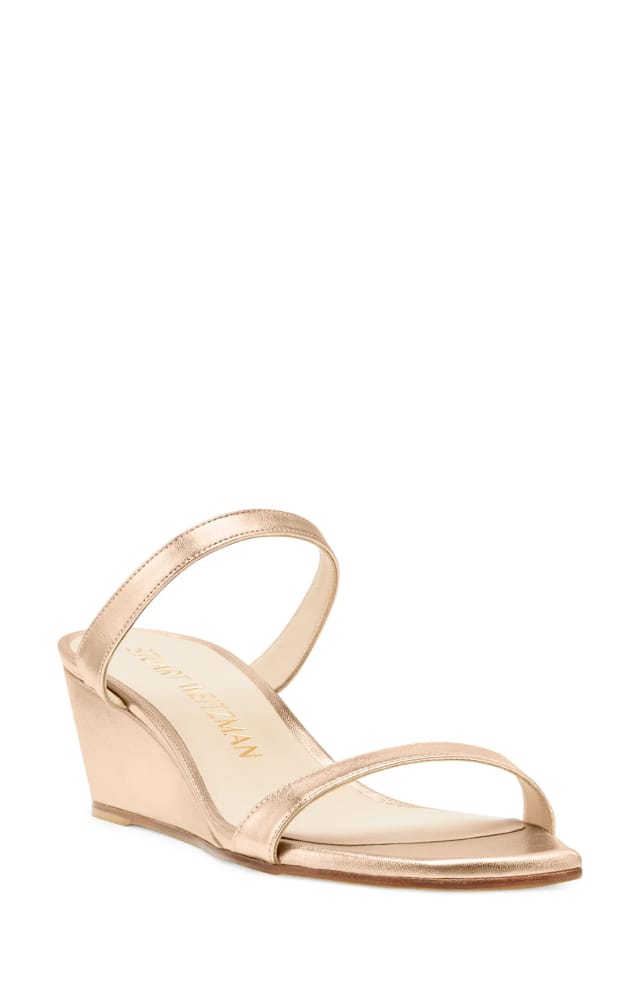 Stuart Weitzman wedge sandal metallic rose gold leather open toe slip-on design