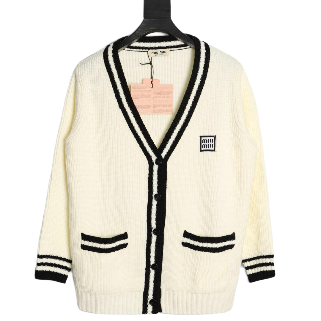 Miu Miu cardigan cream white black striped knit wool blend sweater with button closure