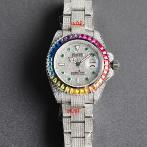 Rolex GMT-Master II Rainbow Iced Out  40MM White Gold Case Rain ROL-GMT2-400-BK-WG-RBD-3186bow Diamond Bezel Black Dial Diamond Setting GMT Watch