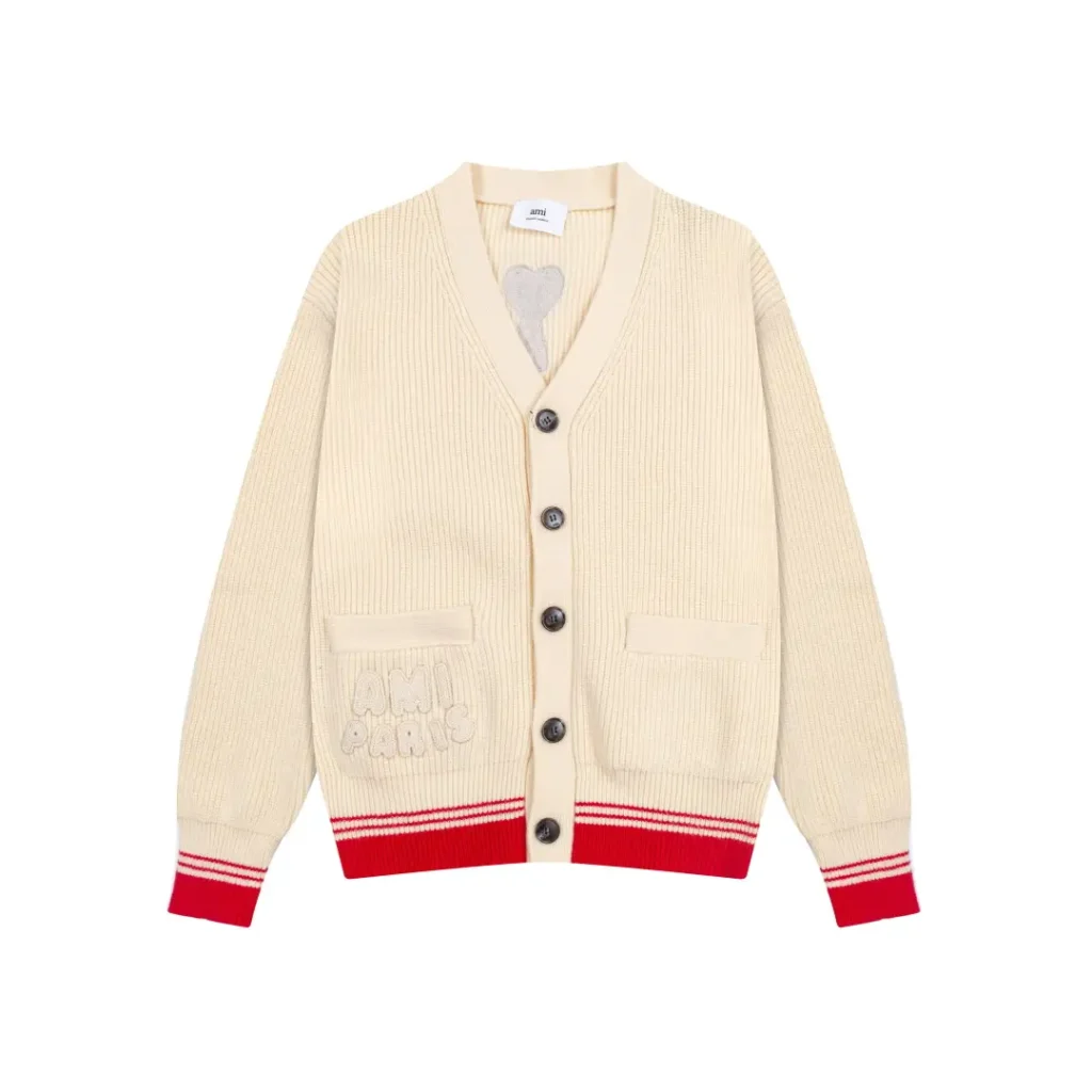Ami Paris cardigan cream red ribbed wool knit sweater with front pockets and button closure