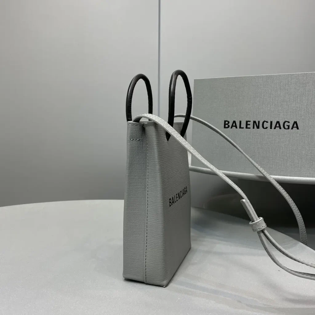 Balenciaga Hourglass XS 550641 light grey saffiano leather crossbody bag with black handles