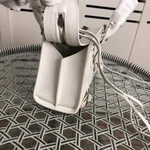 Balenciaga Hourglass XS 570406 white crocodile pattern leather shoulder bag with silver zipper detail