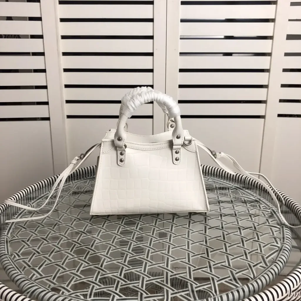 Balenciaga Hourglass XS 638524 white crocodile-embossed leather small top handle bag