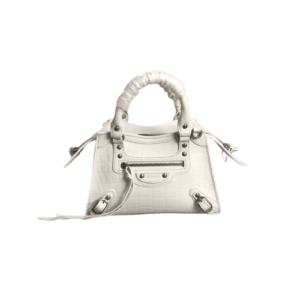 Balenciaga Neo Classic Mini 585546 white croc-embossed leather handbag with top handles and silver hardware