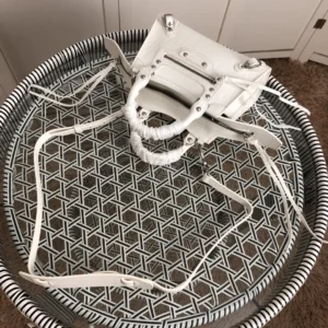 Balenciaga Neo Classic Mini 550646 white croc-embossed leather handbag with silver hardware and zippered pockets