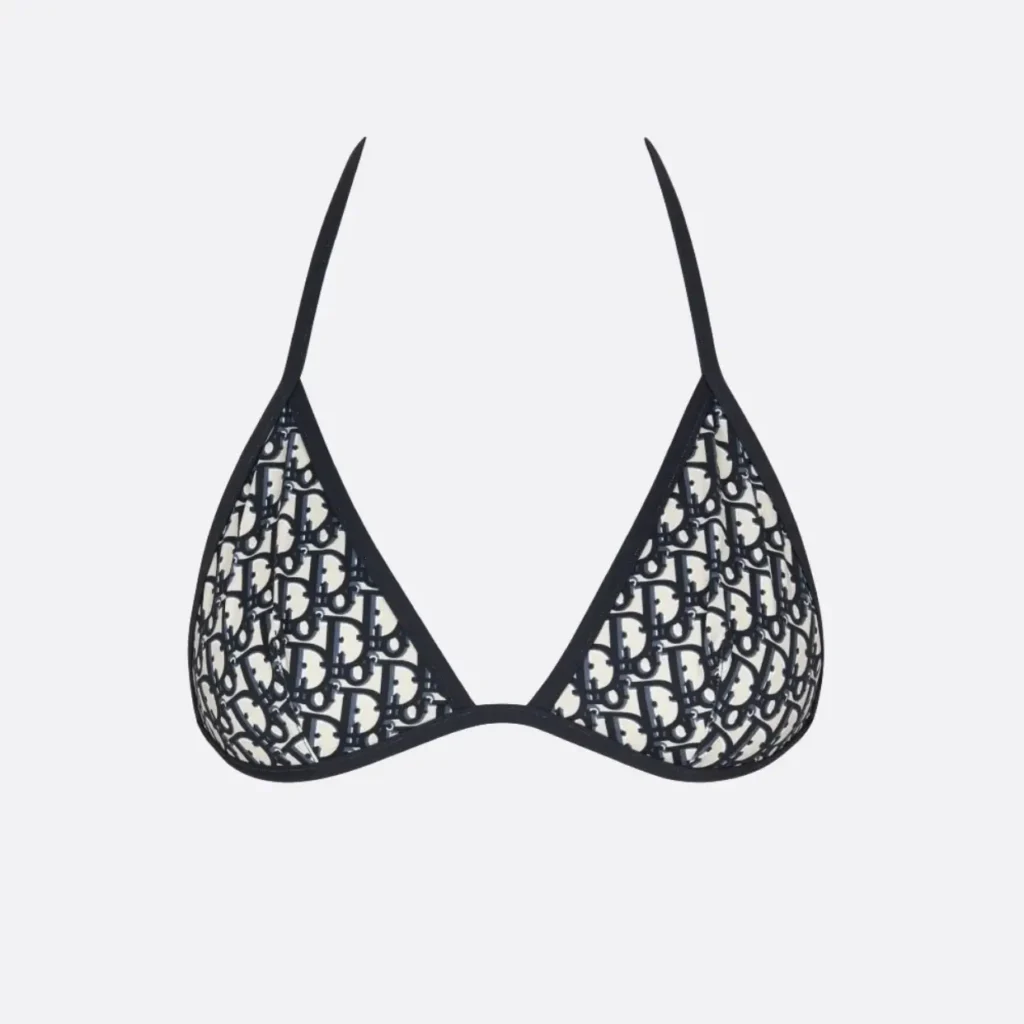 Dior bikini top navy blue white monogram mesh fabric triangle cups