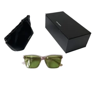 Gentle Monster sunglasses green lenses transparent pink acetate frame with black protective pouch and box