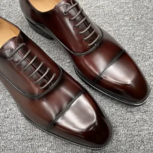 John Lobb Oxford Cap Toe burgundy brown polished leather dress shoes