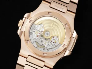 Patek Philippe Nautilus 5711/1R rose gold watch with transparent case back and automatic movement mechanism
