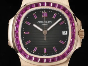 Patek Philippe Nautilus black dial pink sapphire bezel rose gold case watch