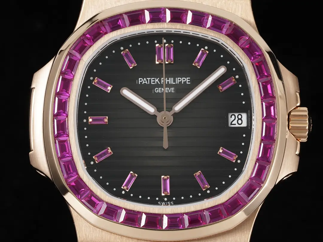 Patek Philippe Nautilus black dial pink sapphire bezel rose gold case watch