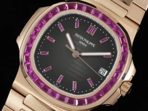 Patek Philippe Nautilus black dial pink sapphire bezel rose gold case watch