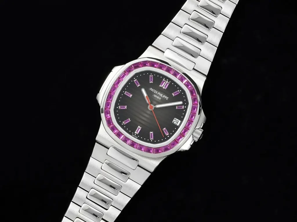 Patek Philippe Nautilus black dial purple gemstone bezel stainless steel luxury watch