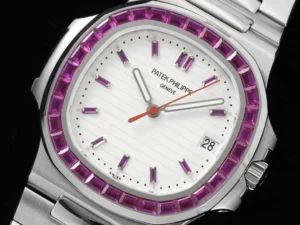 Patek Philippe Nautilus white dial pink sapphire bezel stainless steel luxury watch