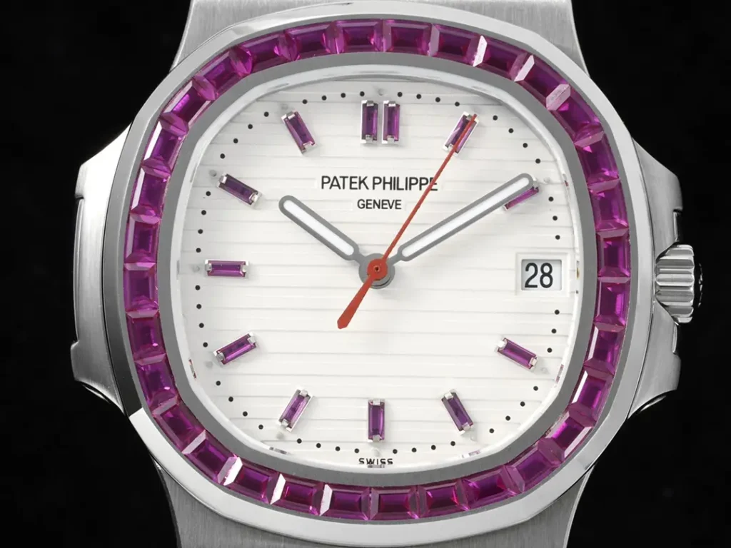 Patek Philippe Nautilus white dial pink sapphire bezel stainless steel watch with date display