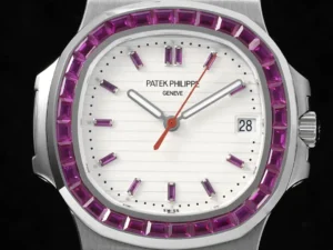 Patek Philippe Nautilus white dial pink sapphire bezel stainless steel watch with date display
