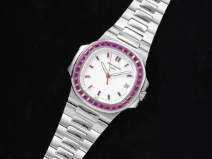 Patek Philippe Nautilus white dial pink sapphire bezel stainless steel luxury watch