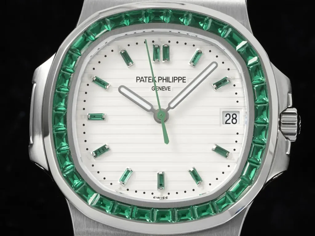 Patek Philippe Nautilus white dial green emerald bezel stainless steel watch
