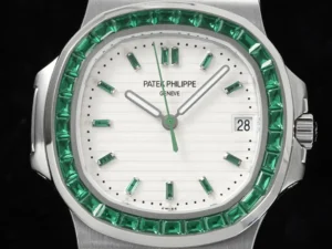 Patek Philippe Nautilus white dial green emerald bezel stainless steel watch