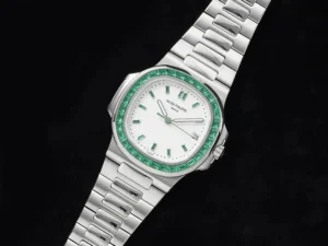 Patek Philippe Nautilus 5711 white dial green gemstone bezel stainless steel watch