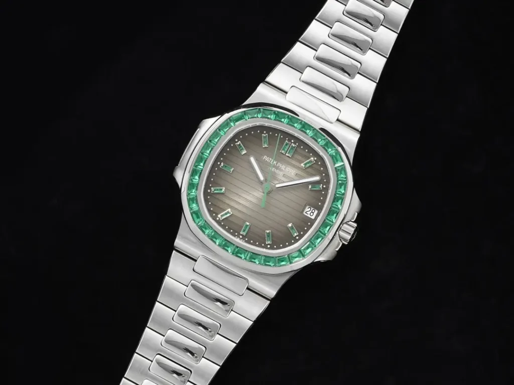 Patek Philippe Nautilus gray dial green gemstone bezel stainless steel watch