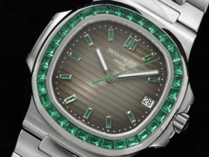 Patek Philippe Nautilus 5711 Diamond Set watch featuring a stainless steel case adorned with emerald and diamond accents, showcasing a sophisticated gray dial and elegant hour markers.
