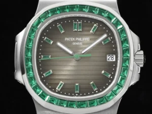 Patek Philippe Nautilus 5711 Diamond Set watch featuring a stainless steel case with emerald accents, showcasing a luxurious design and exquisite craftsmanship.