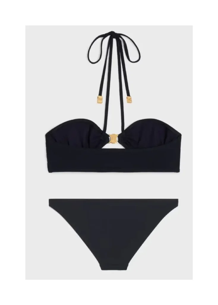 Celine bikini set black fabric gold-tone metal accents balconette top and classic bottom