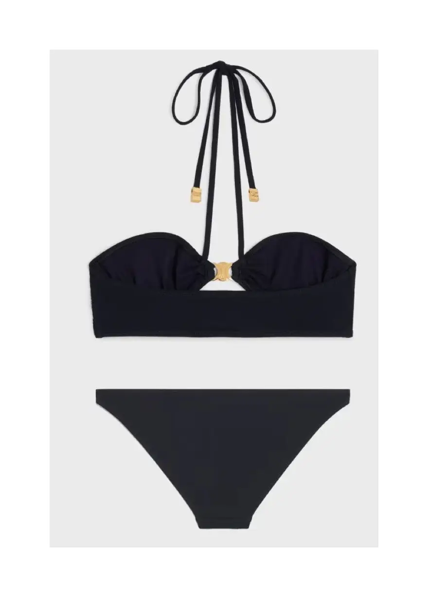 Celine bikini set black fabric gold-tone metal accents balconette top and classic bottom