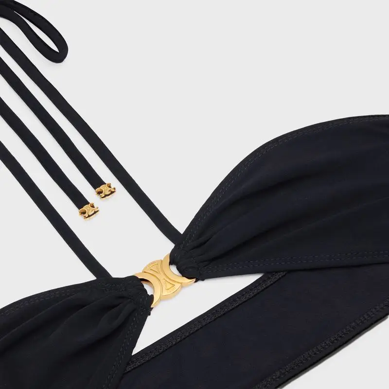 Celine bikini top black fabric gold metal logo detail adjustable straps