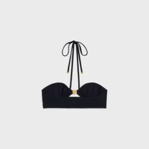 Celine bikini top black fabric with gold-tone metal accent halter neckline accessory