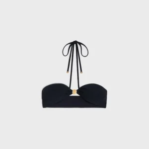 Celine bikini top black fabric gold-tone metal clasp halter neck swimwear accessory
