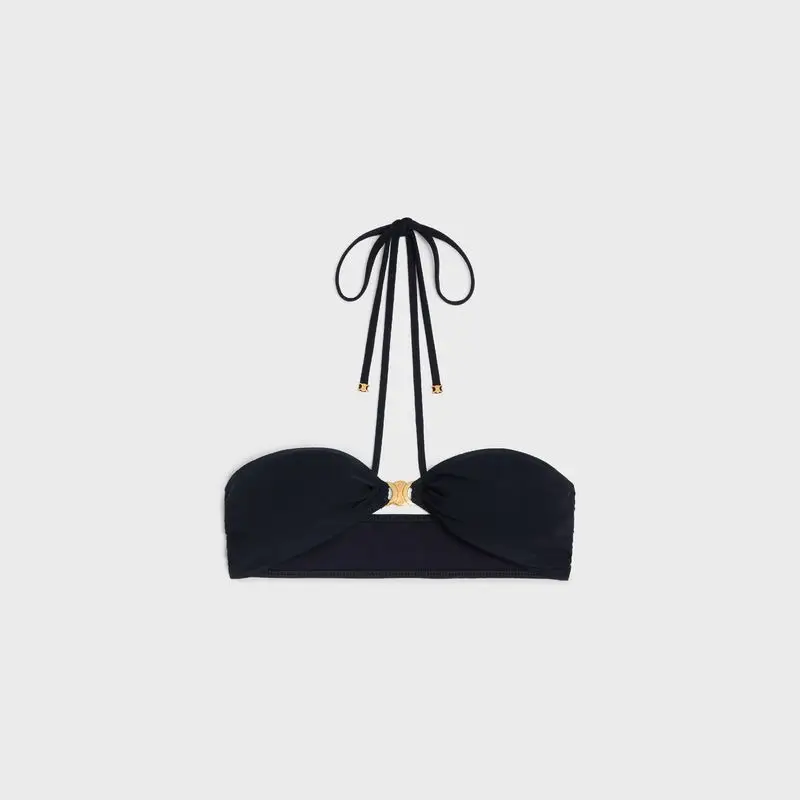 Celine bikini top black fabric gold-tone metal clasp halter neck swimwear accessory