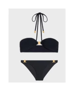 Celine bikini set black fabric gold-tone metal crescent moon embellishments