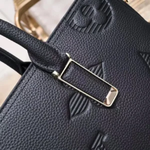 Top view of a black embossed cowhide LV Men's Handheld Bag, featuring a gold-tone buckle and logo detailing, showcasing luxury craftsmanship and high-end design.