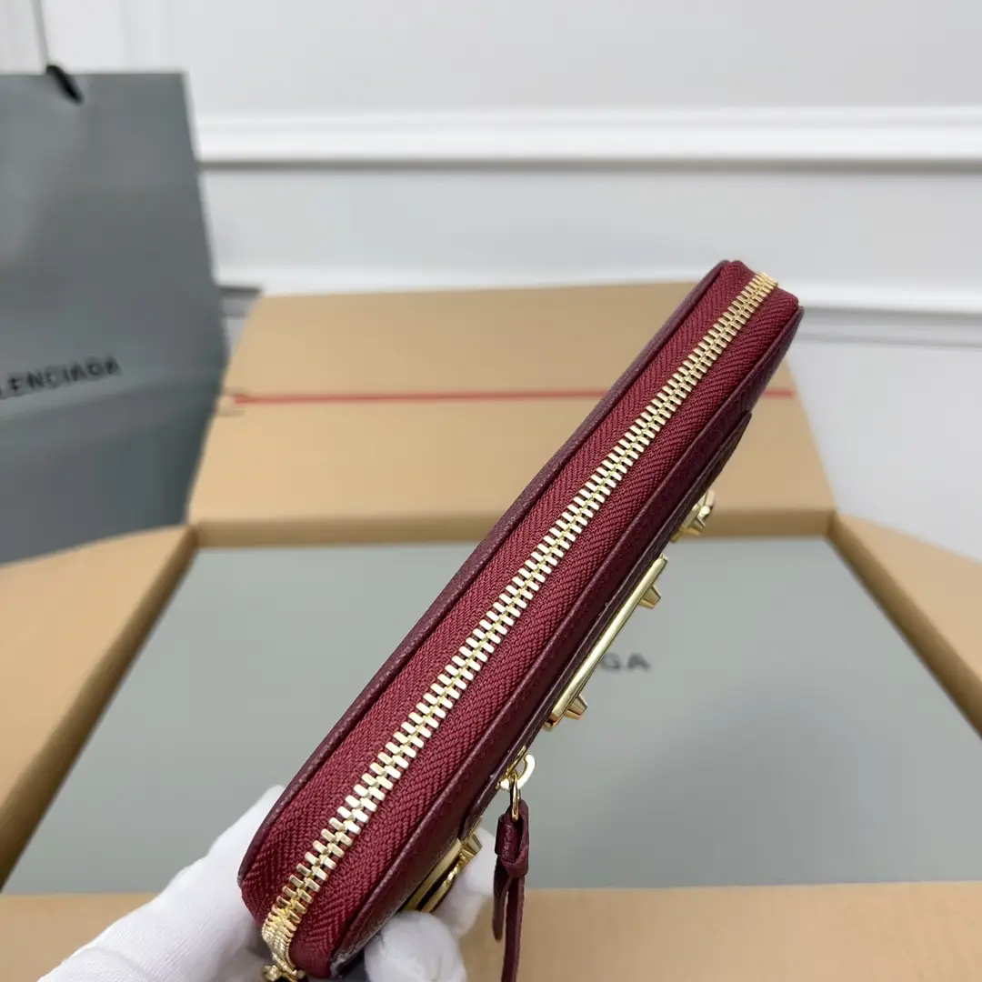 Balenciaga Wallet burgundy leather zip closure compact wallet with gold-tone hardware